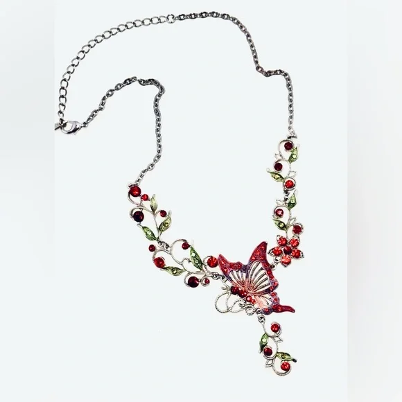 Vintage Silver Tone Red & Pink Butterfly 🦋 Necklace W/Rhinestone Accents 19” - Picture 1 of 5